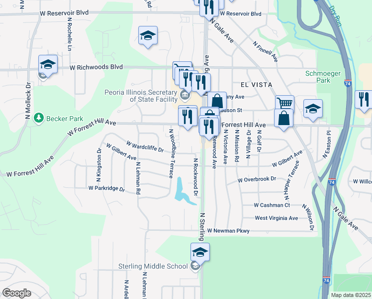 map of restaurants, bars, coffee shops, grocery stores, and more near 2604 West Wardcliffe Drive in Peoria