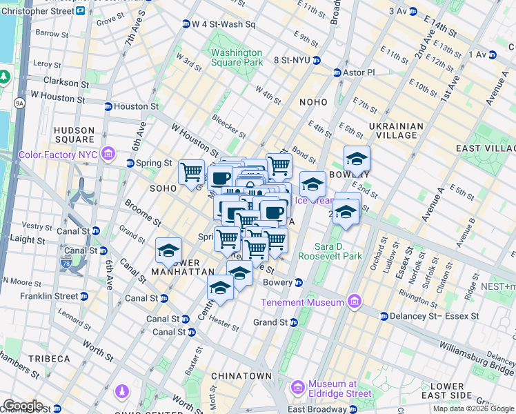 map of restaurants, bars, coffee shops, grocery stores, and more near 55 Prince Street in New York