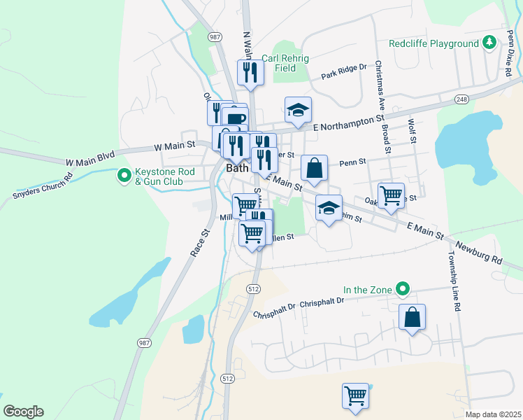 map of restaurants, bars, coffee shops, grocery stores, and more near 257 South Walnut Street in Bath