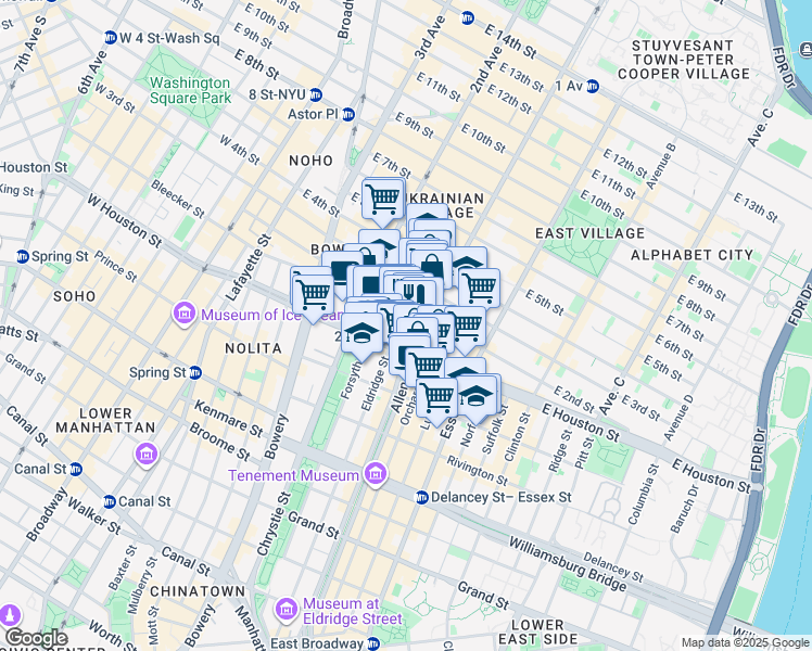 map of restaurants, bars, coffee shops, grocery stores, and more near 13 1st Avenue in New York