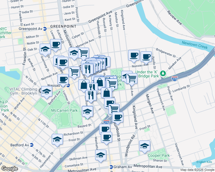map of restaurants, bars, coffee shops, grocery stores, and more near 640 Humboldt Street in Brooklyn