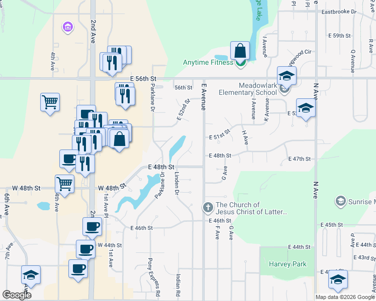 map of restaurants, bars, coffee shops, grocery stores, and more near 49th in Kearney