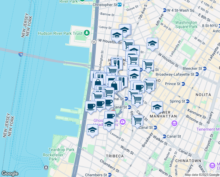 map of restaurants, bars, coffee shops, grocery stores, and more near 205 Hudson Street in New York