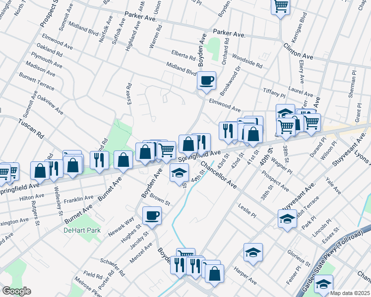 map of restaurants, bars, coffee shops, grocery stores, and more near 186-238 Boyden Avenue in Maplewood