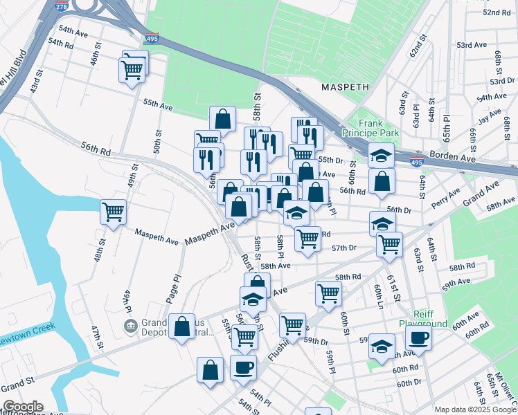 map of restaurants, bars, coffee shops, grocery stores, and more near 5759 Maurice Avenue in Queens