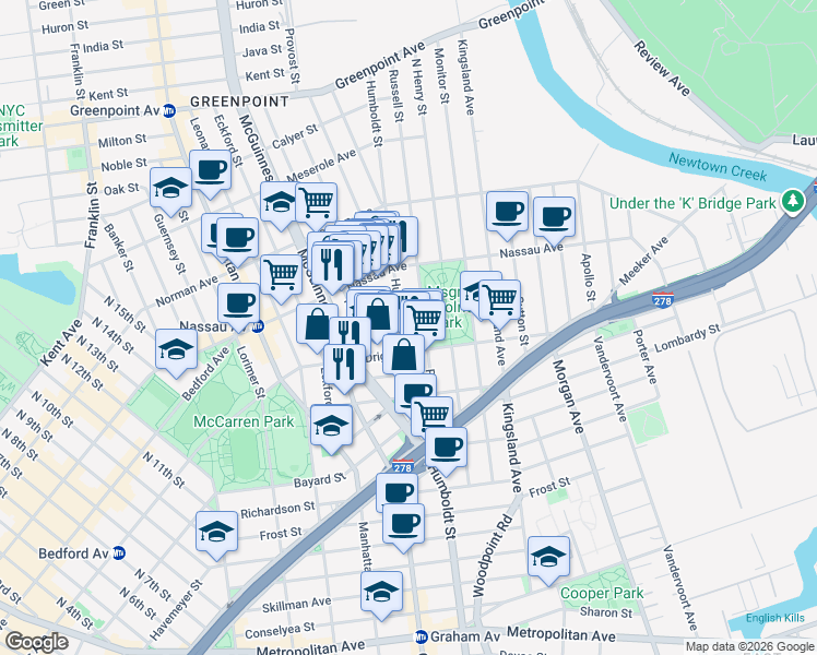 map of restaurants, bars, coffee shops, grocery stores, and more near 160 Driggs Avenue in Brooklyn