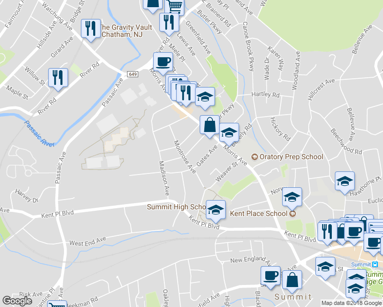 map of restaurants, bars, coffee shops, grocery stores, and more near 23 Webster Avenue in Summit