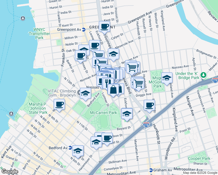 map of restaurants, bars, coffee shops, grocery stores, and more near 541 Leonard Street in Brooklyn