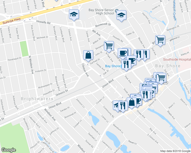 map of restaurants, bars, coffee shops, grocery stores, and more near 116 5th Avenue in Bay Shore