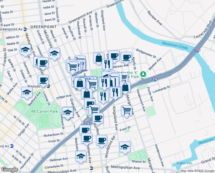 map of restaurants, bars, coffee shops, grocery stores, and more near 124 Monitor Street in Brooklyn