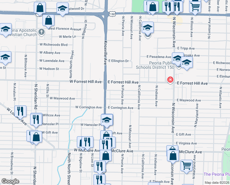 map of restaurants, bars, coffee shops, grocery stores, and more near 200 East Melbourne Avenue in Peoria