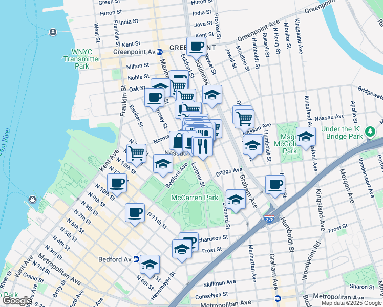 map of restaurants, bars, coffee shops, grocery stores, and more near 16 Bedford Avenue in Brooklyn
