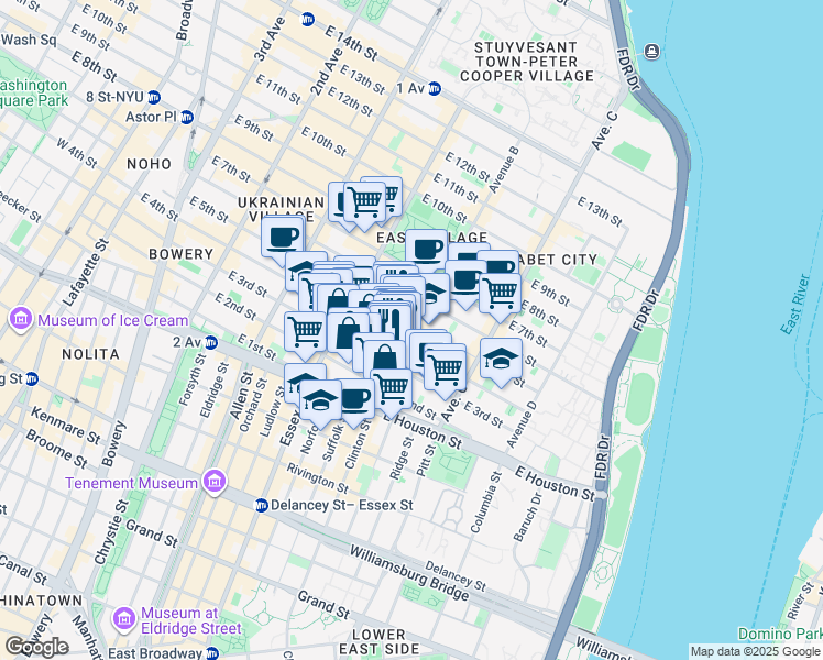 map of restaurants, bars, coffee shops, grocery stores, and more near 231 East 4th Street in New York