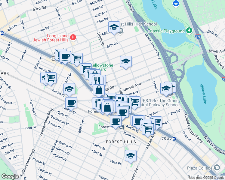 map of restaurants, bars, coffee shops, grocery stores, and more near 69-39 Yellowstone Boulevard in Queens
