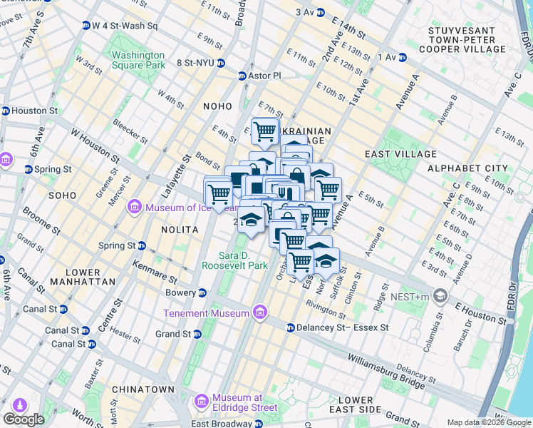 map of restaurants, bars, coffee shops, grocery stores, and more near East 1st Street in New York
