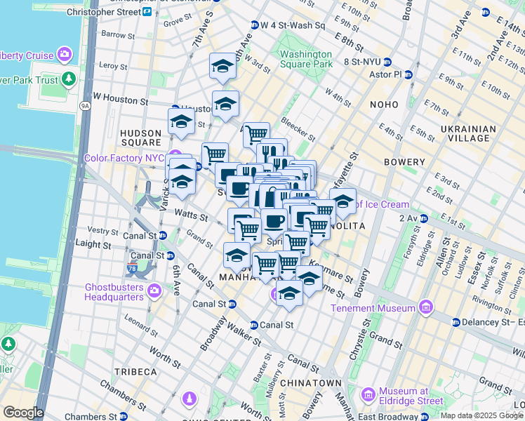 map of restaurants, bars, coffee shops, grocery stores, and more near 533 Broadway in New York