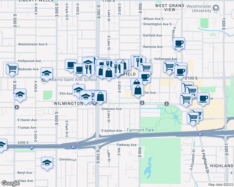 map of restaurants, bars, coffee shops, grocery stores, and more near 2172 South 800 East in Salt Lake City