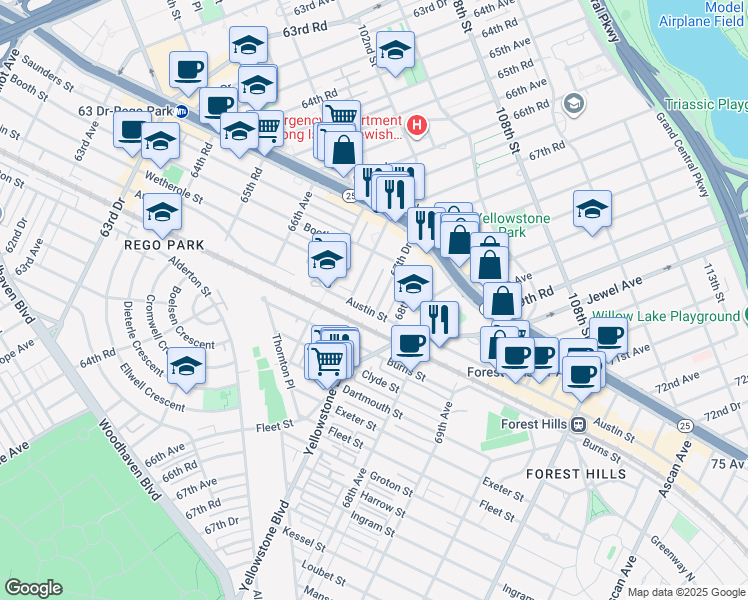 map of restaurants, bars, coffee shops, grocery stores, and more near 100-11 67th Drive in Queens