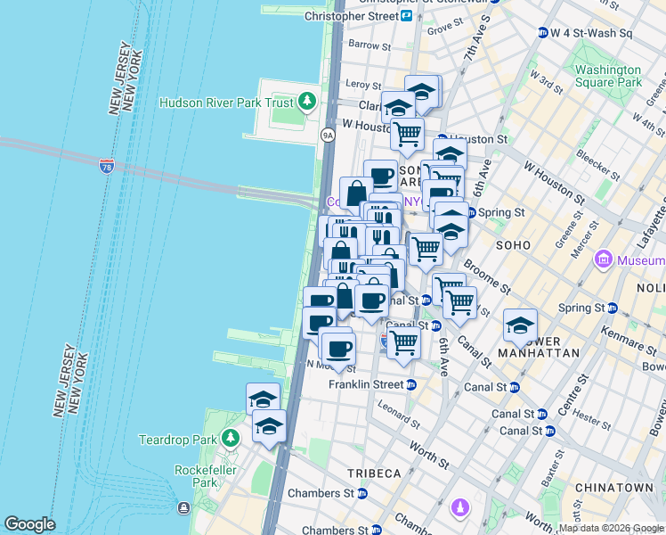 map of restaurants, bars, coffee shops, grocery stores, and more near in New York