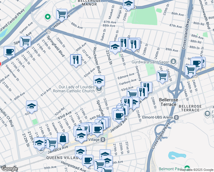 map of restaurants, bars, coffee shops, grocery stores, and more near 221-06 Fairbury Avenue in Queens