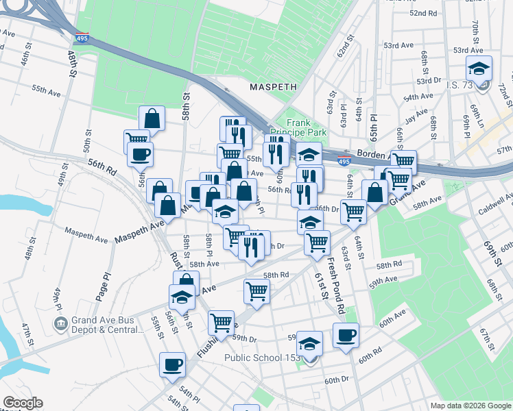 map of restaurants, bars, coffee shops, grocery stores, and more near 59-11 Maspeth Avenue in Queens