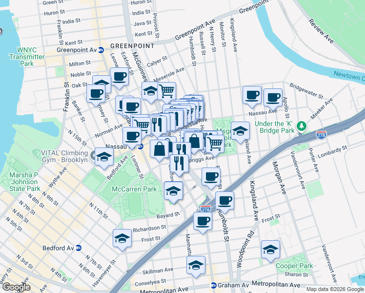 map of restaurants, bars, coffee shops, grocery stores, and more near 21 Newel Street in Brooklyn