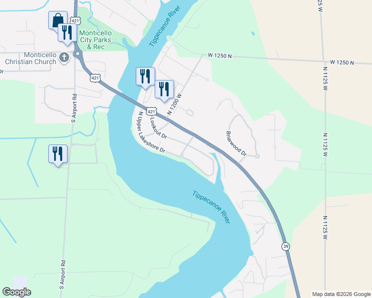map of restaurants, bars, coffee shops, grocery stores, and more near 11800-11898 Fairway Ln in Monticello