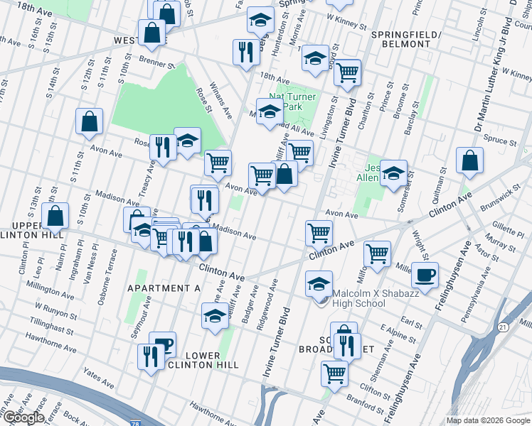 map of restaurants, bars, coffee shops, grocery stores, and more near 162-170 Jelliff Avenue in Newark