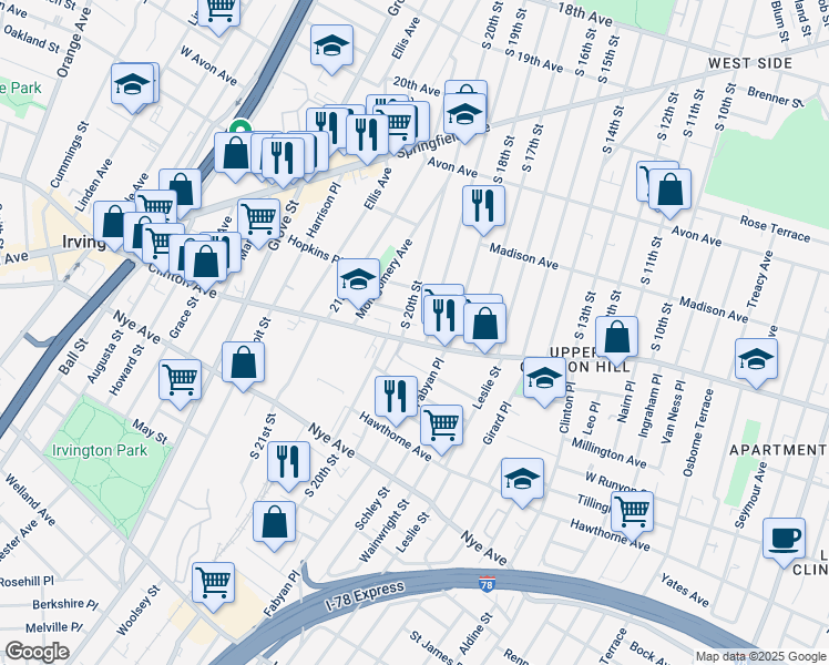 map of restaurants, bars, coffee shops, grocery stores, and more near 849-851 Clinton Avenue in Newark