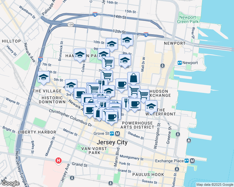 map of restaurants, bars, coffee shops, grocery stores, and more near 4th Street & Manila Avenue in Jersey City
