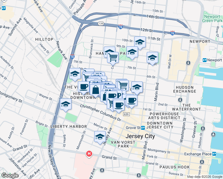 map of restaurants, bars, coffee shops, grocery stores, and more near 49 Coles Street in Jersey City