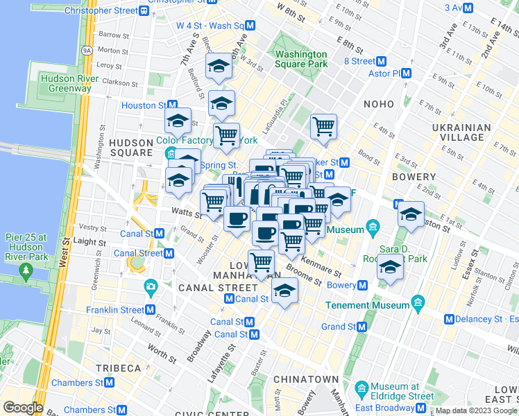 map of restaurants, bars, coffee shops, grocery stores, and more near 113 Spring Street in New York