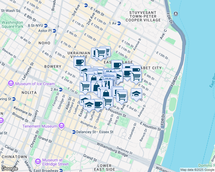 map of restaurants, bars, coffee shops, grocery stores, and more near 50-52 Avenue B in New York