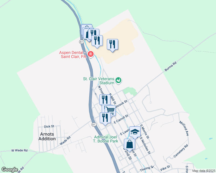 map of restaurants, bars, coffee shops, grocery stores, and more near 243 North Mill Street in Saint Clair