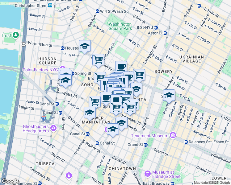 map of restaurants, bars, coffee shops, grocery stores, and more near 552 Broadway in New York
