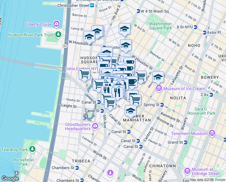 map of restaurants, bars, coffee shops, grocery stores, and more near 140 6th Avenue in New York