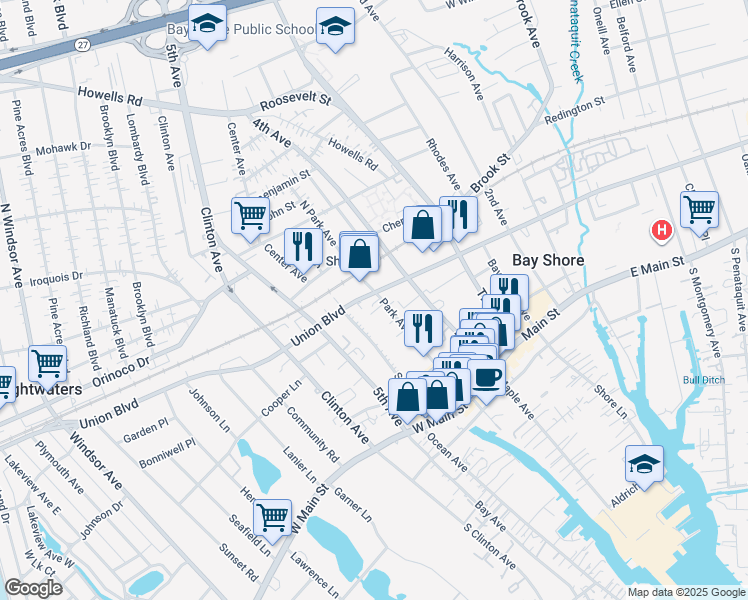 map of restaurants, bars, coffee shops, grocery stores, and more near 64 Park Avenue in Bay Shore