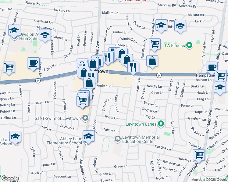 map of restaurants, bars, coffee shops, grocery stores, and more near 26 Blossom Lane in Levittown