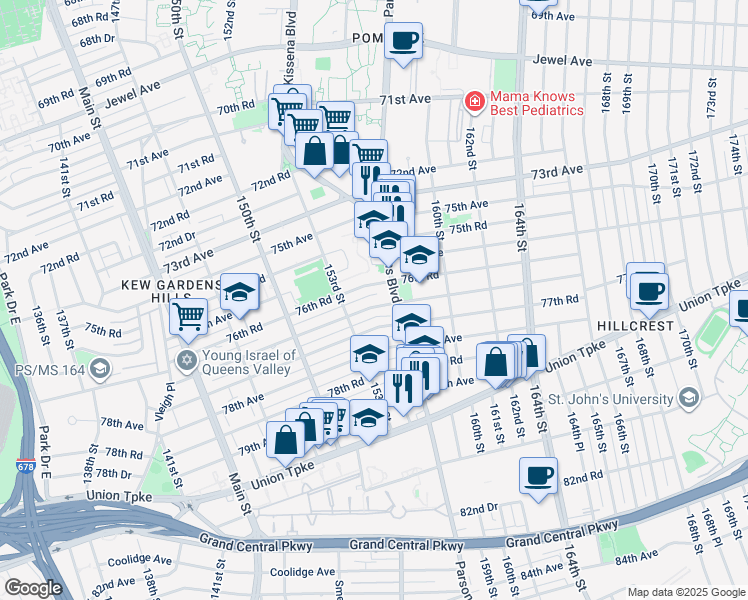 map of restaurants, bars, coffee shops, grocery stores, and more near 153-13 77th Avenue in Queens