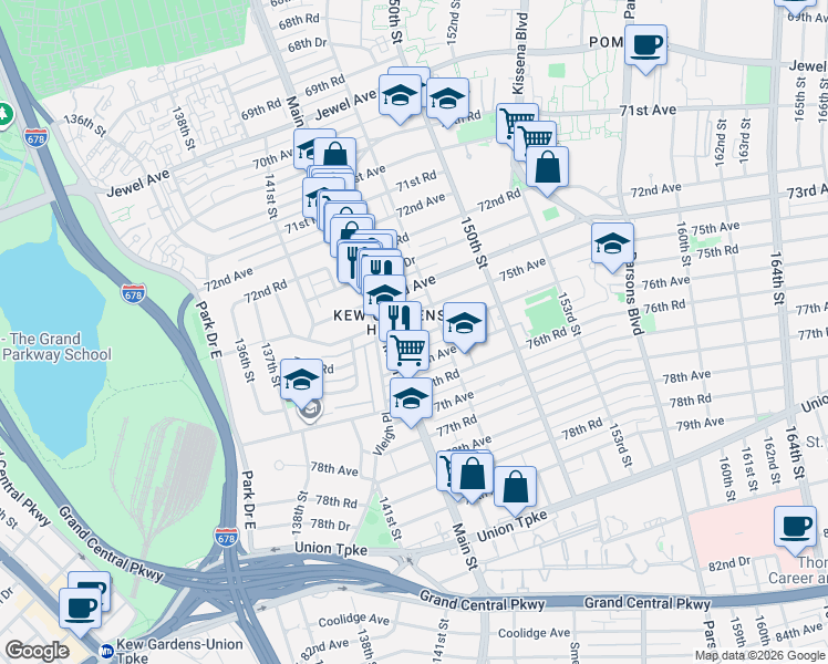 map of restaurants, bars, coffee shops, grocery stores, and more near 144-16 75th Road in Queens
