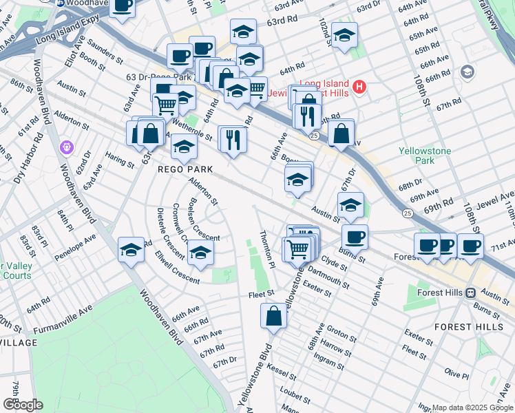 map of restaurants, bars, coffee shops, grocery stores, and more near 66-10 Thornton Place in Queens