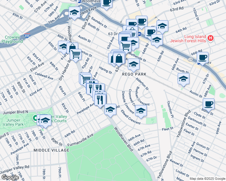 map of restaurants, bars, coffee shops, grocery stores, and more near 63-87 Fitchett Street in Queens