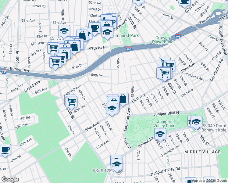 map of restaurants, bars, coffee shops, grocery stores, and more near 60-18 74th Street in Queens