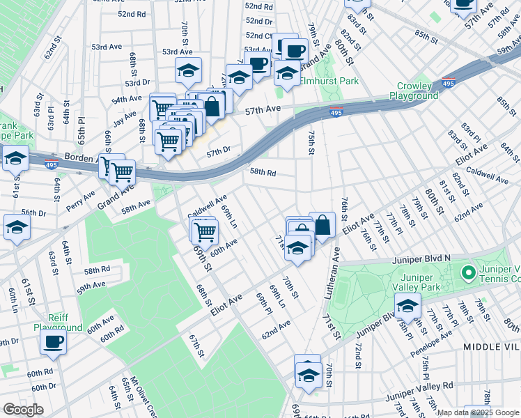 map of restaurants, bars, coffee shops, grocery stores, and more near 59-45 70th Street in Queens
