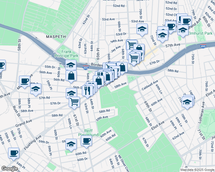 map of restaurants, bars, coffee shops, grocery stores, and more near 65-46 Grand Avenue in Queens