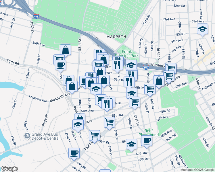 map of restaurants, bars, coffee shops, grocery stores, and more near 59-11 Maspeth Avenue in Queens