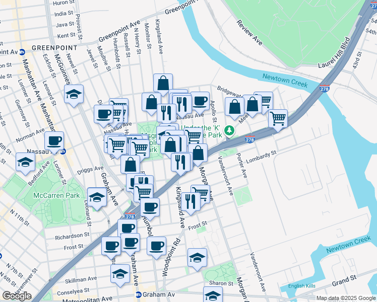 map of restaurants, bars, coffee shops, grocery stores, and more near 23 Driggs Avenue in Brooklyn
