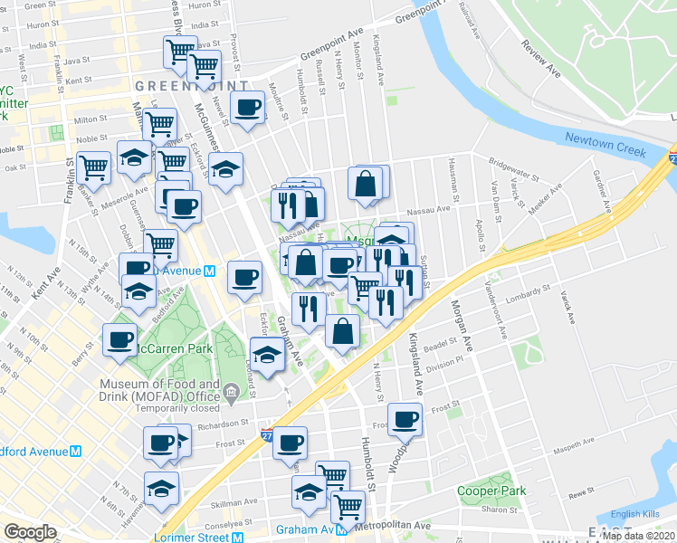 map of restaurants, bars, coffee shops, grocery stores, and more near 81 Russell Street in Brooklyn