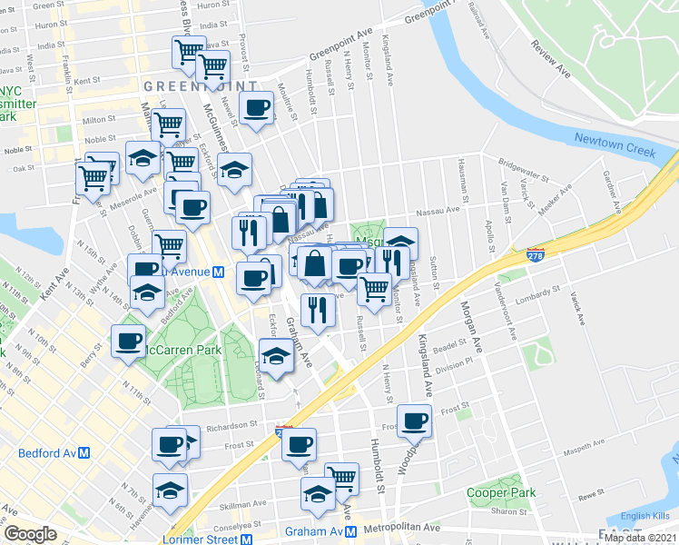map of restaurants, bars, coffee shops, grocery stores, and more near 160 Driggs Avenue in Brooklyn