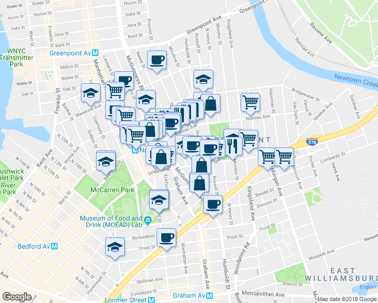 map of restaurants, bars, coffee shops, grocery stores, and more near in Brooklyn
